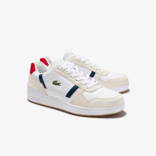 Lacoste T-Clip Tricolour Leather and Suede Sneakers - Tenisky Pánské Bílé / Tmavě Blankyt / Červené